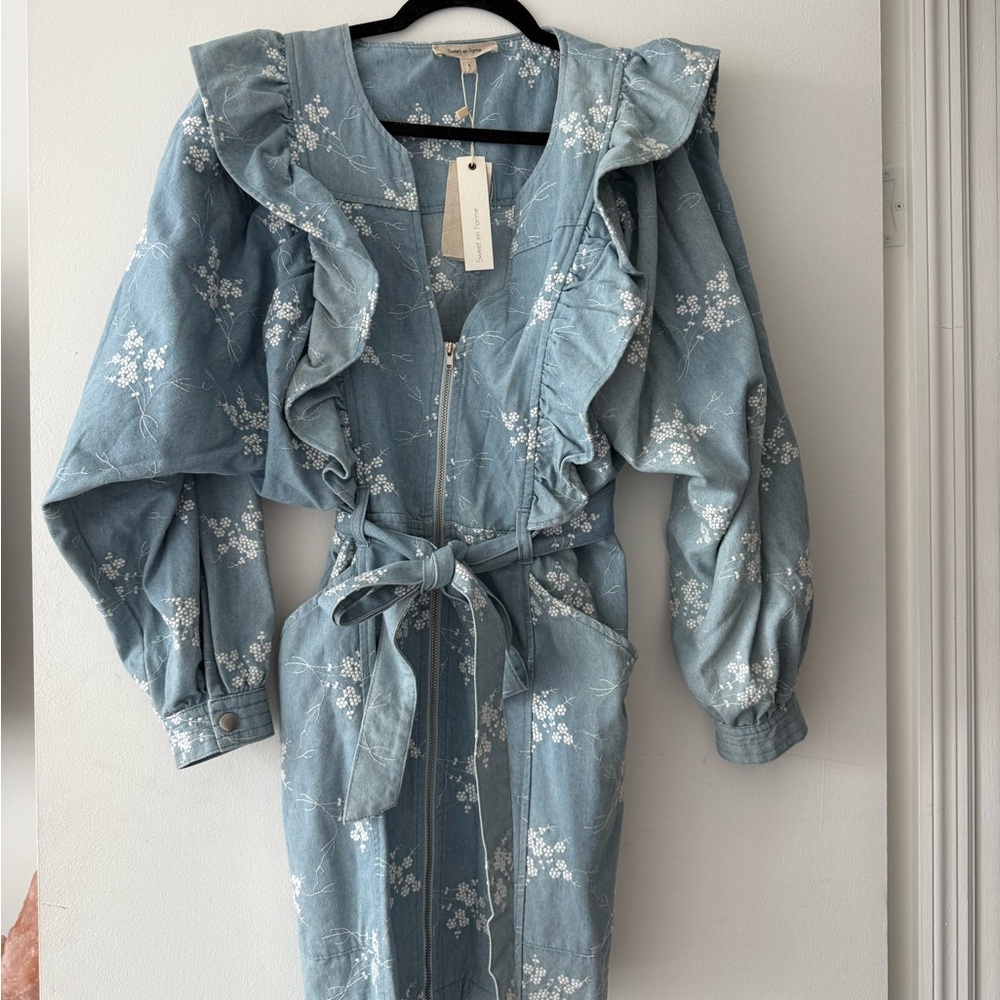 Denim Blue Floral Ruffle Mini Dress
